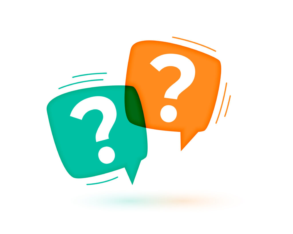 Deux bulles de discussion avec des points d'interrogation illustrant la foire aux questions sur les digital skills et la formation