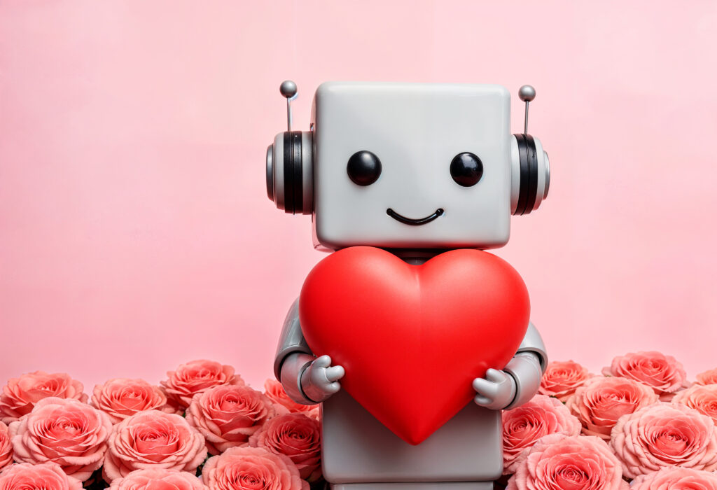 Robot amical tenant un cœur rouge au milieu de roses, symbolisant l'empathie de l'IA générative marketing pour l'engagement client en 2026