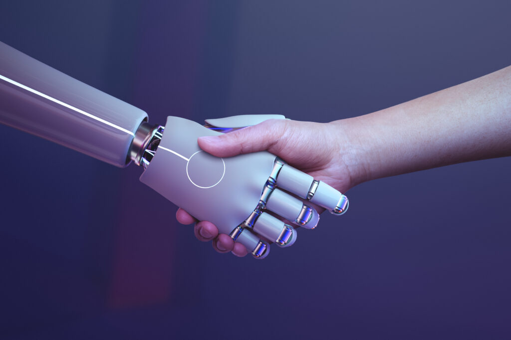 Poignée de main ferme entre un humain et un robot sur fond futuriste, symbolisant la confiance et le partenariat en IA générative marketing
