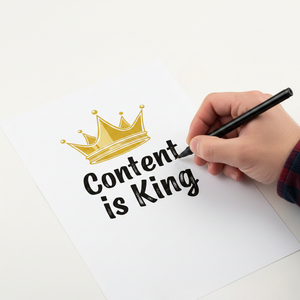 Vue rapprochée d'une main tenant un stylo feutre noir, écrivant la citation "Content is King" en lettrage gras sur une feuille de papier blanc. Juste au-dessus du texte, une illustration de couronne dorée stylisée est dessinée, symbolisant la domination du marketing de contenu sur un fond blanc épuré.