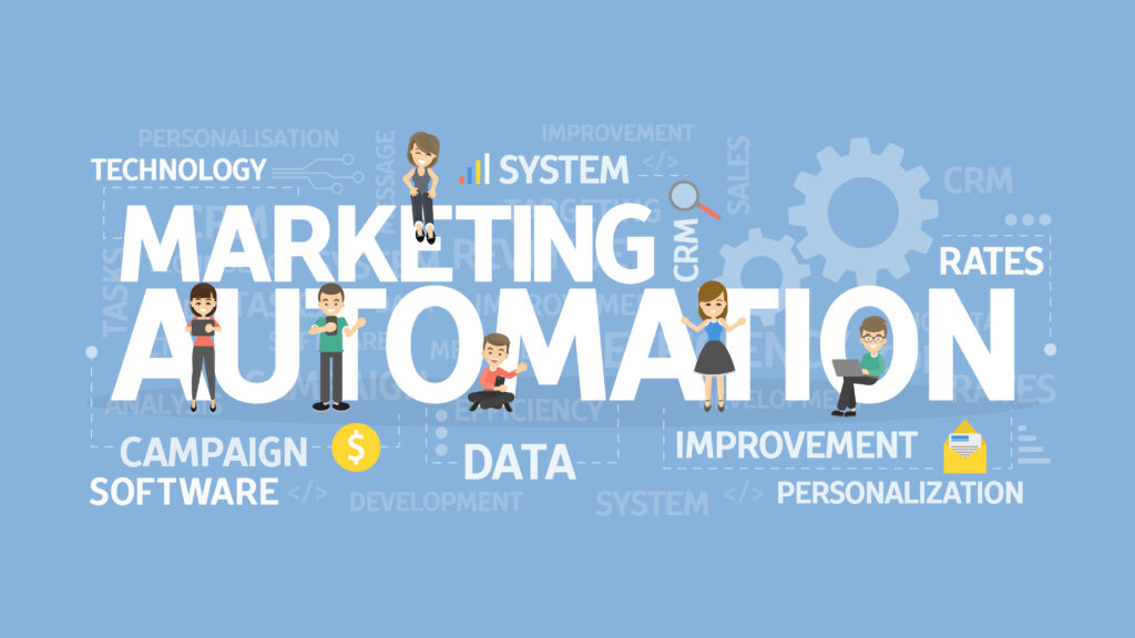 Illustration vectorielle montrant le texte "Marketing Automation" entouré de personnages utilisant des appareils numériques et de mots-clés comme Campaign, Software et CRM.
