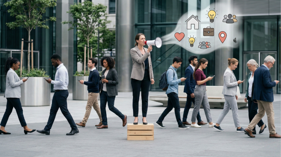 ne femme avec un mégaphone s'adressant à une foule indifférente connectée sur smartphone, illustrant le mauvais ciblage d'une marque locale