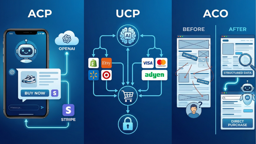 Infographie en trois parties illustrant le fonctionnement des trois standards du commerce agentique : le protocole ACP, le protocole universel UCP et l'optimisation ACO.