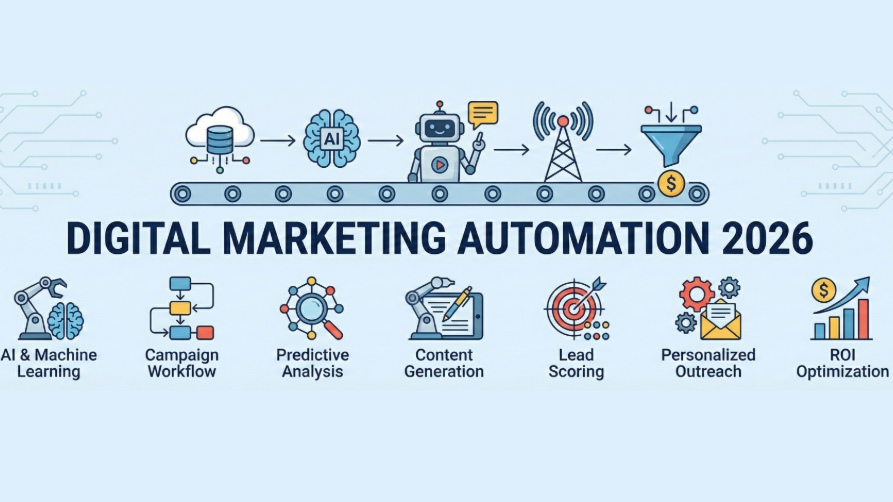 Bannière infographique 'Digital Marketing Automation 2026' montrant une chaîne de production automatisée avec des icônes pour l'IA, le machine learning, les workflows de campagne et l'optimisation du ROI