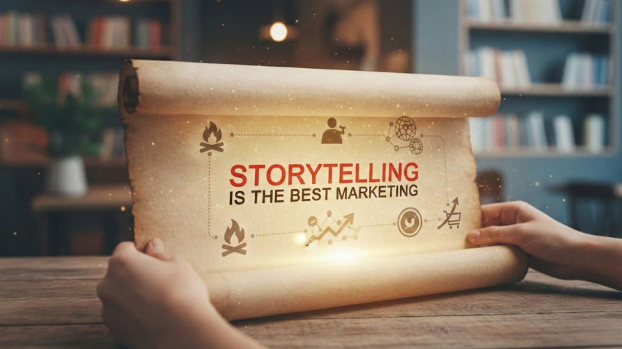 Une personne tient un parchemin ancien et lumineux sur lequel est écrit 'STORYTELLING IS THE BEST MARKETING' entouré d'icônes, dans une bibliothèque