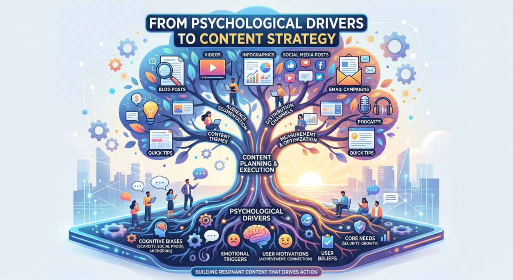A colorful, detailed infographic illustration titled "FROM PSYCHOLOGICAL DRIVERS TO CONTENT STRATEGY." A large tree grows out of a digital tablet against a backdrop of a city skyline at sunrise and digital network lines. The roots, labeled "PSYCHOLOGICAL DRIVERS," represent foundational elements like Cognitive Biases, Emotional Triggers, User Motivations, User Beliefs, and Core Needs. The tree's glowing trunk is labeled "CONTENT PLANNING & EXECUTION." The branches split into strategic areas: Content Themes, Audience Segmentation, Distribution Channels, and Measurement & Optimization. The tree's canopy holds icons representing various content outputs, including Blog Posts, Videos, Infographics, Social Media Posts, Email Campaigns, and Podcasts. Small illustrated figures of people are seen interacting with laptops and smartphones throughout the roots and branches. A banner at the bottom reads "BUILDING RESONANT CONTENT THAT DRIVES ACTION."