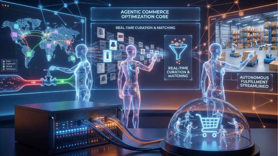 Illustration futuriste montrant des agents IA sous forme d'hologrammes gérant l'optimisation du commerce agentique : analyse de données mondiales, curation de produits en temps réel et logistique automatisée connectés à un panier d'achat.