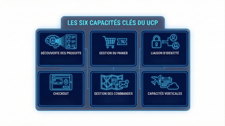 Infographie sur fond blanc présentant les six piliers de l'Universal Commerce Protocol (UCP) : découverte des produits, gestion du panier, liaison d'identité, checkout, gestion des commandes et capacités verticales.