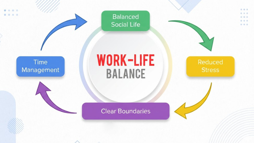 Schéma circulaire illustrant le Work-Life Balance (équilibre travail-vie privée) relié à quatre facteurs clés : la gestion du temps, une vie sociale équilibrée, la réduction du stress et des limites claires.