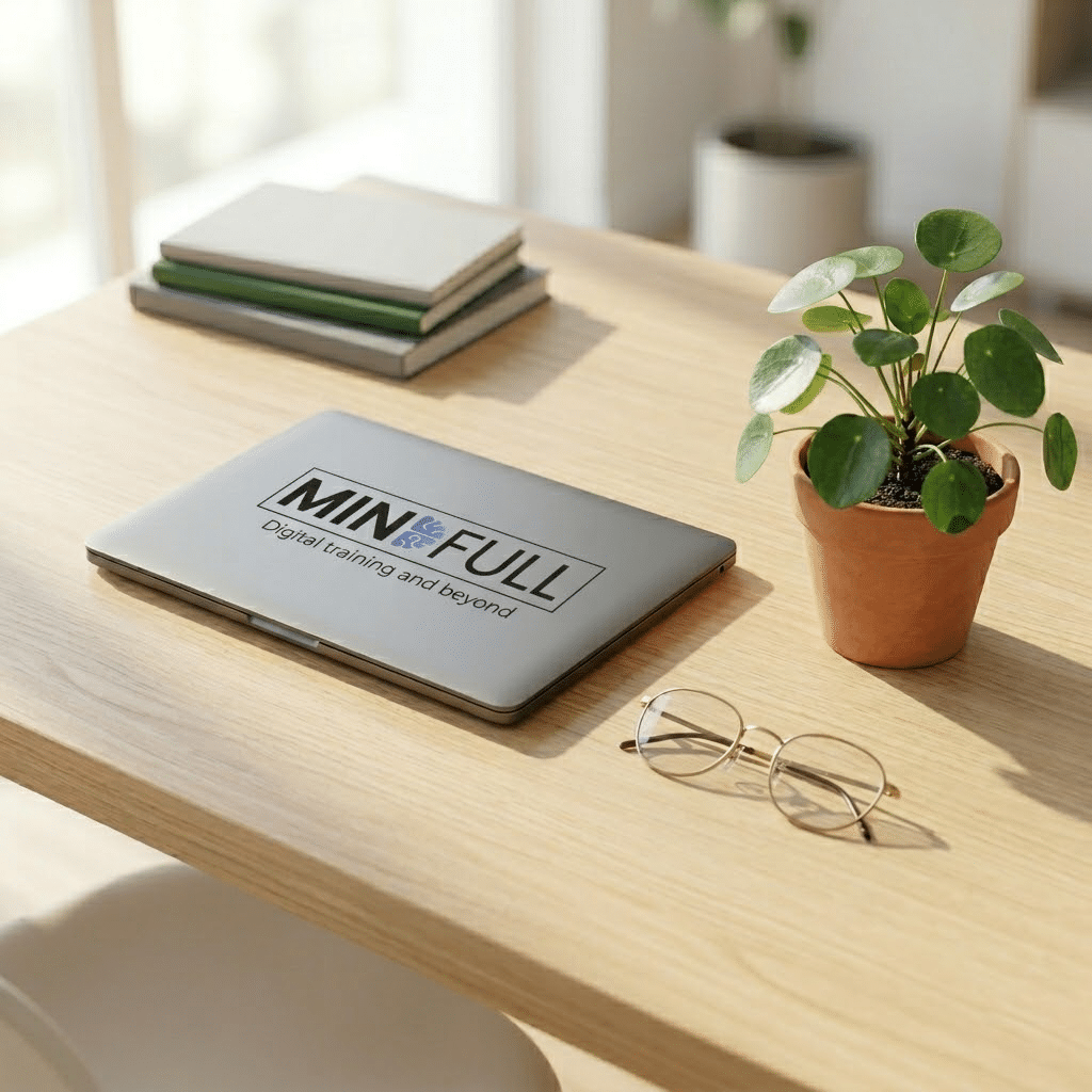 Un bureau en bois clair baigné de lumière naturelle sur lequel est posé un ordinateur portable gris fermé. Le capot de l'ordinateur affiche le logo "MINDFULL Digital training and beyond". À côté se trouvent une petite plante verte en pot, des lunettes de vue rondes et une pile de carnets, illustrant un environnement de travail stratégique, moderne et épuré.