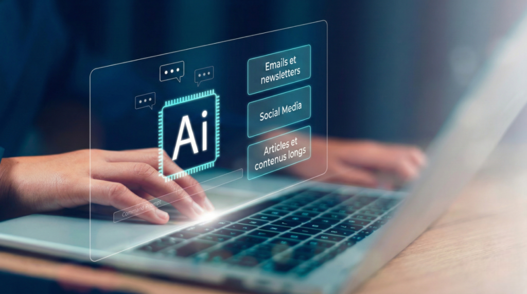 Mains d'un utilisateur sur un clavier d'ordinateur avec une interface holographique "AI" pour la création de newsletters et de contenus digitaux.
