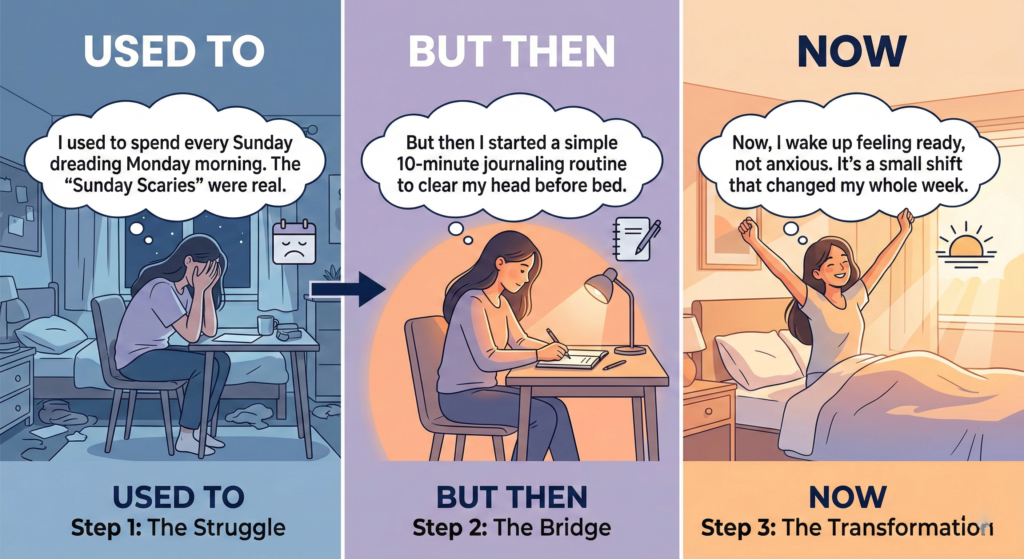 A three-panel illustration demonstrating a storytelling framework. Panel 1, labeled "USED TO", shows a stressed woman sitting in a dark, messy bedroom with a thought bubble that reads, "I used to spend every Sunday dreading Monday morning. The 'Sunday Scaries' were real." An arrow points to Panel 2, labeled "BUT THEN", which shows the woman calmly writing in a journal under a warm desk lamp with a thought bubble reading, "But then I started a simple 10-minute journaling routine to clear my head before bed." Panel 3, labeled "NOW", shows the woman waking up happy and stretching in a bright, sunlit bed with a thought bubble reading, "Now, I wake up feeling ready, not anxious. It’s a small shift that changed my whole week."