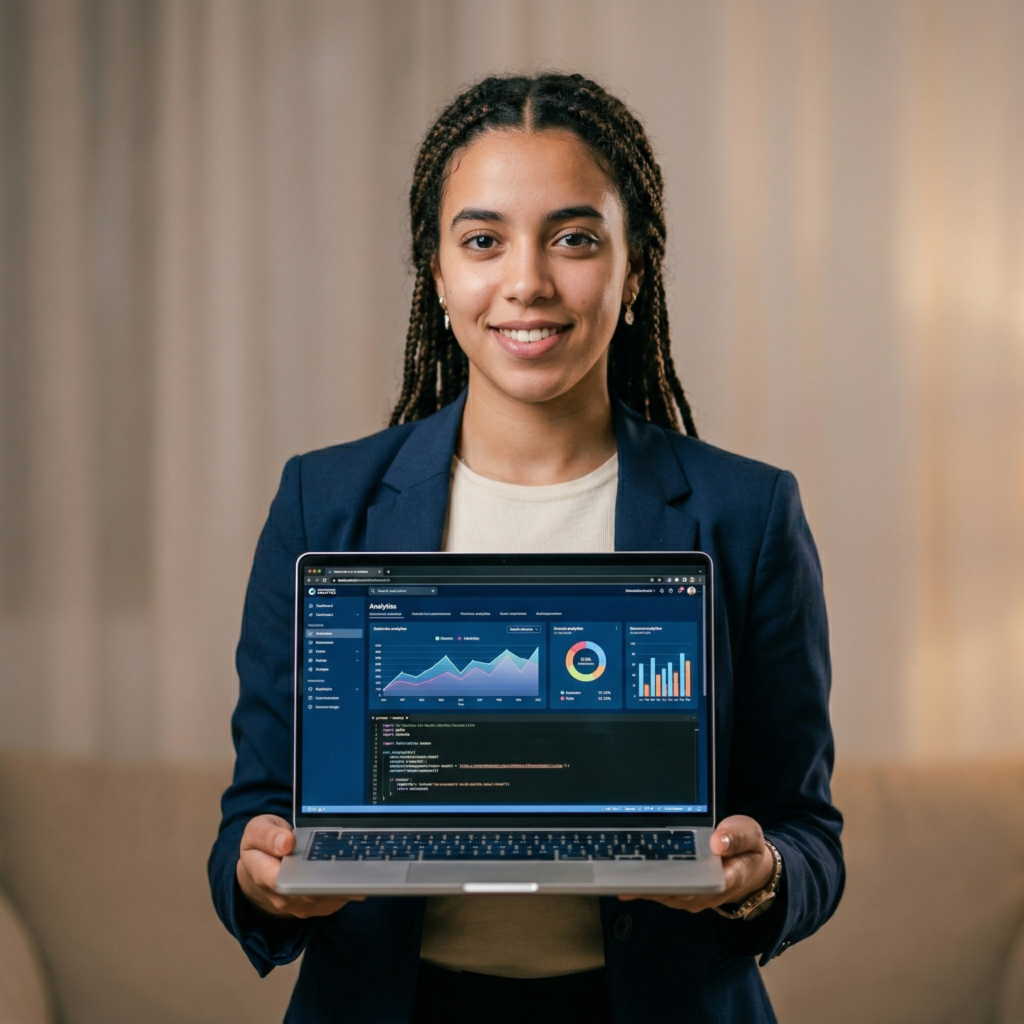 Une jeune femme souriante en veste de tailleur bleue tient un ordinateur portable tourné vers l'objectif. L'écran affiche un tableau de bord de marketing digital avec des graphiques de données et du code. Représentation d'une formation pratique en IA et digital.