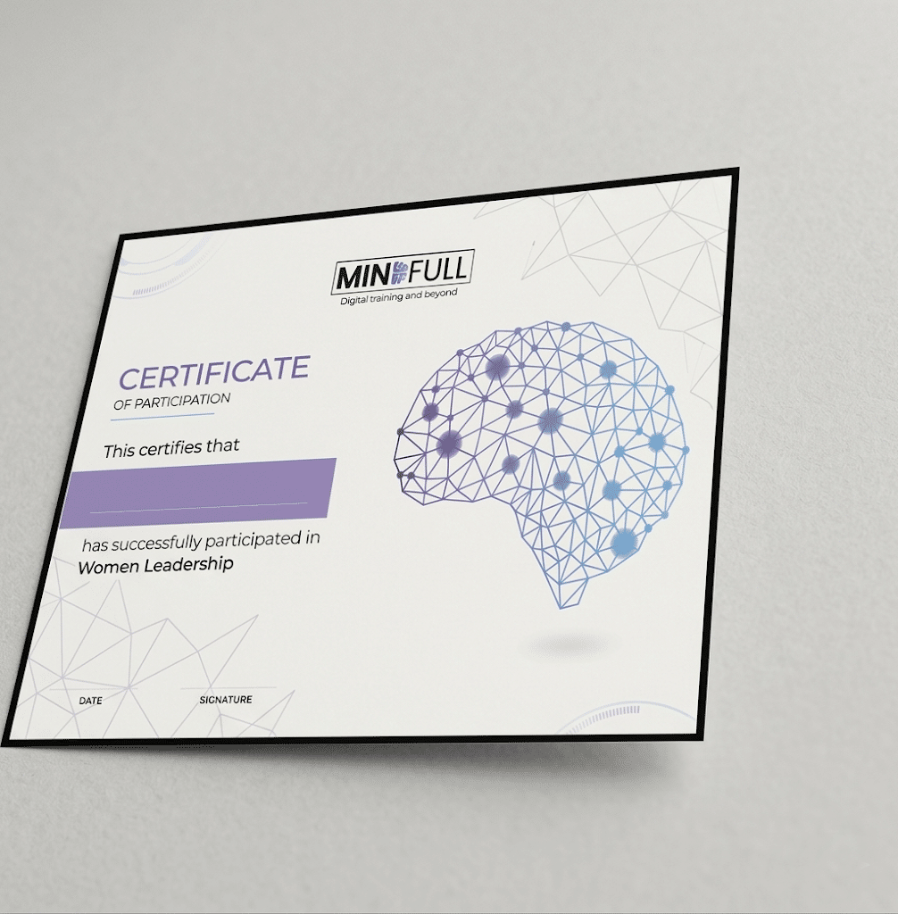 Un certificat de participation présenté de biais avec une ombre portée sur un fond gris clair texturé. L'en-tête affiche le logo "MINDFULL - Digital training and beyond". Le texte principal indique "CERTIFICATE OF PARTICIPATION" et valide la participation au programme "Women Leadership", avec un bloc violet prévu pour insérer le nom du bénéficiaire. Sur la droite, on observe une grande illustration d'un cerveau stylisé composé d'un réseau de lignes géométriques et de nœuds dans les tons bleus et violets. Au bas du document se trouvent des espaces réservés pour inscrire la date et la signature.