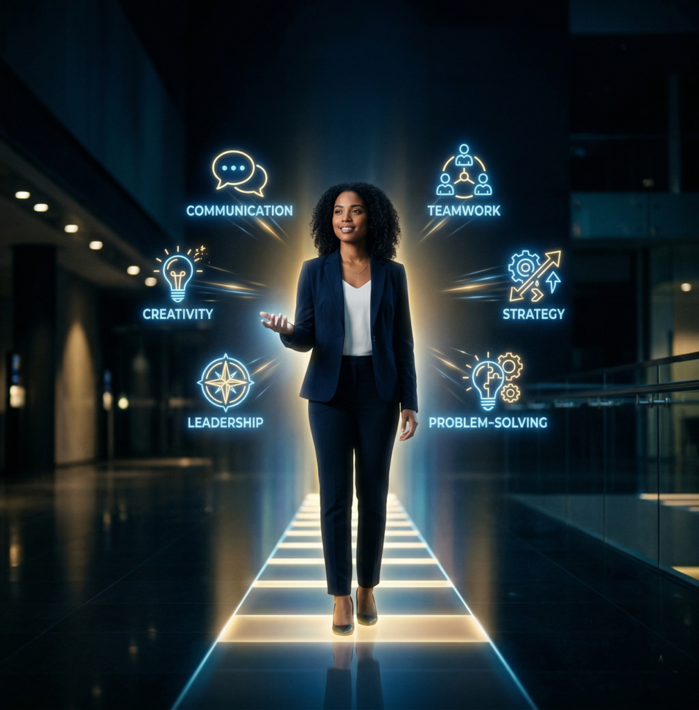 Jeune professionnel à l'allure confiante, se tenant au centre d'un environnement sombre et minimaliste, baigné d'une douce lumière dorée et bleutée. Il est entouré d'icônes holographiques lumineuses flottant dans les airs, représentant des compétences professionnelles clés telles que la communication, le leadership, la créativité, la stratégie, le travail d'équipe et la résolution de problèmes. Un chemin lumineux au sol symbolise l'évolution de carrière et la transformation vers l'excellence digitale. L'atmosphère générale est cinématographique, inspirante et haut de gamme.