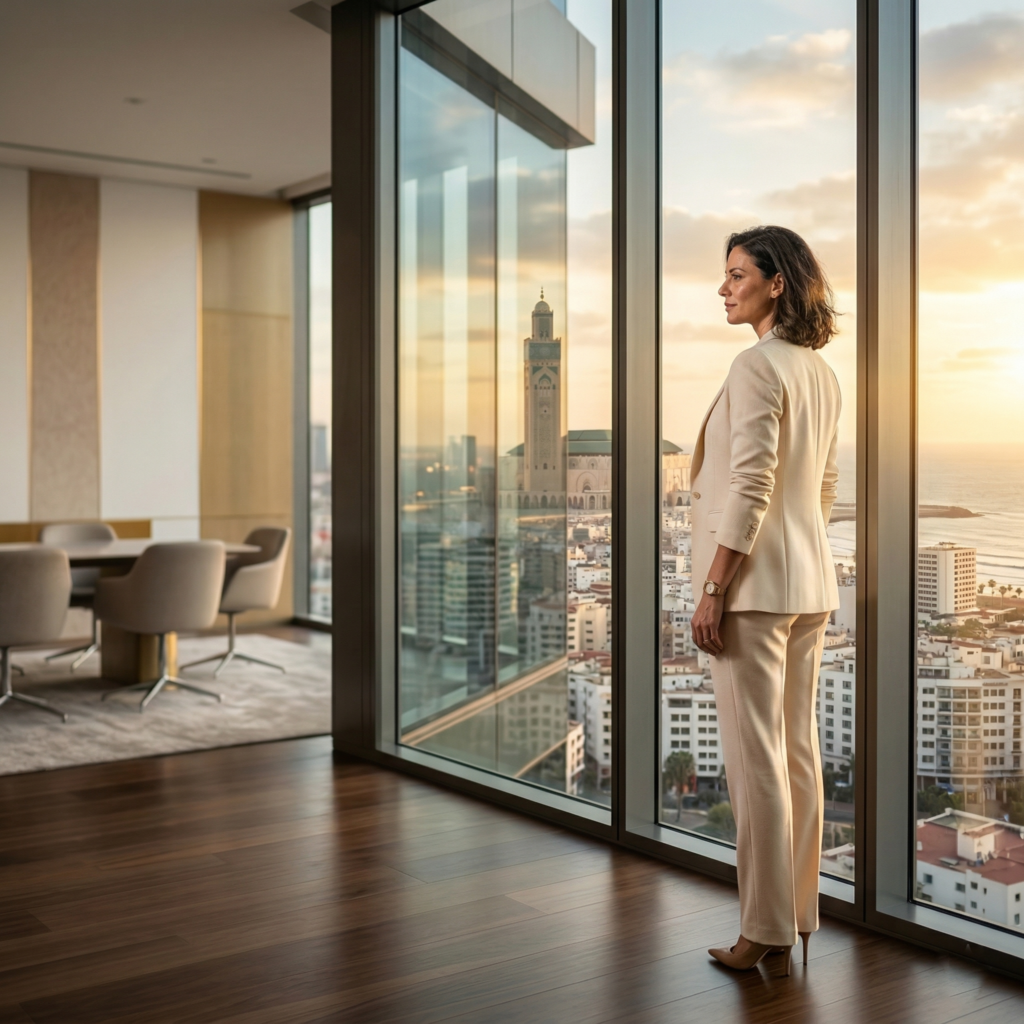 Vue de trois quarts dos d'une femme d'affaires confiante dans un élégant tailleur beige, se tenant debout devant une grande baie vitrée. Elle contemple une ligne d'horizon urbaine moderne évoquant Casablanca, baignée par une lumière dorée chaleureuse de fin d'après-midi. La composition cinématographique place la femme sur la droite, laissant un grand espace libre à gauche dans un environnement de bureau minimaliste aux tons neutres, blancs et dorés.