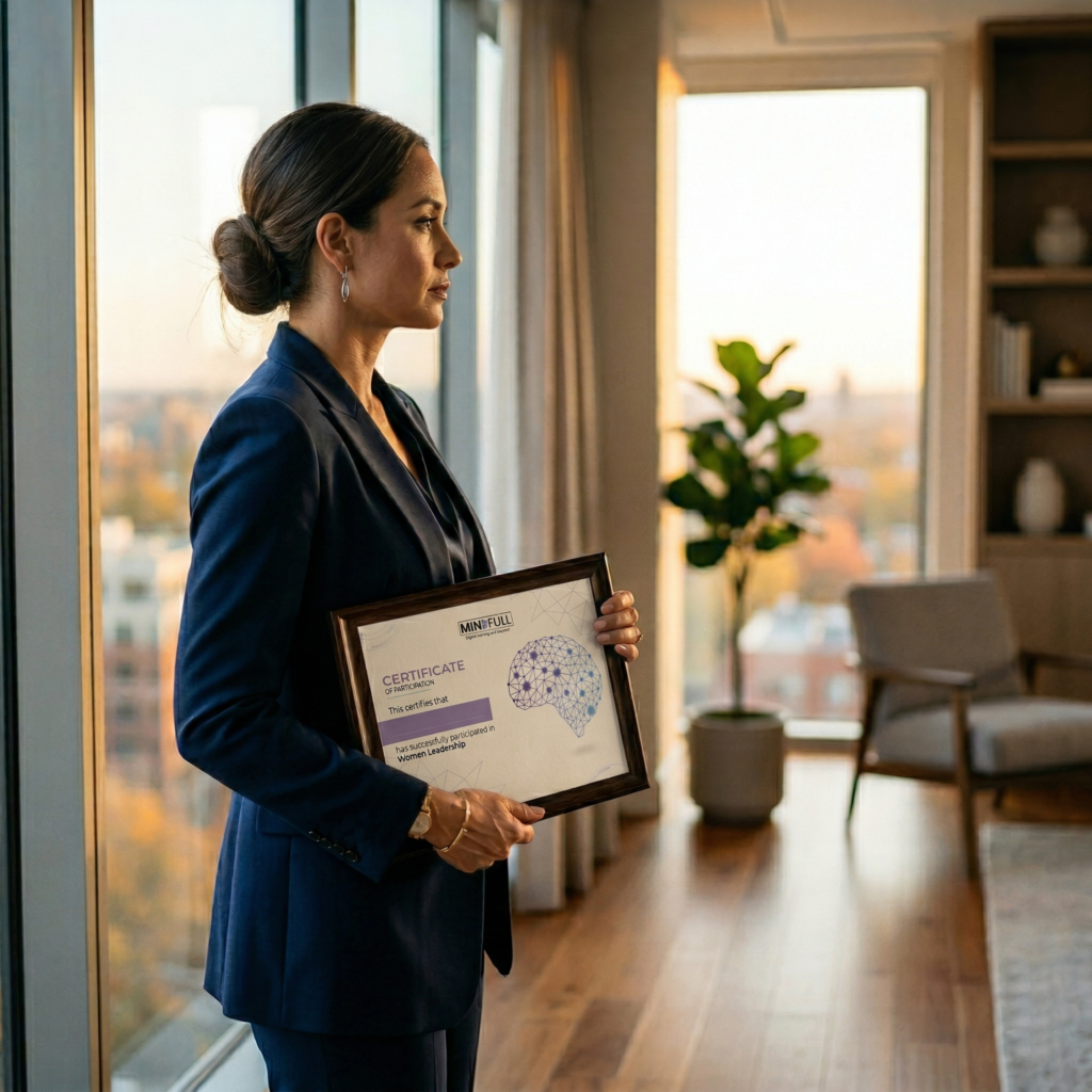 Une femme d'affaires élégante en tailleur bleu marine, vue de profil, regarde par une grande baie vitrée baignée par la lumière chaude d'une fin de journée. Elle tient à deux mains un certificat encadré de participation en leadership féminin comportant le logo "Mindfull" et l'illustration géométrique d'un cerveau. L'arrière-plan flou révèle un espace intérieur moderne et chaleureux avec une plante d'intérieur, un fauteuil et une bibliothèque.