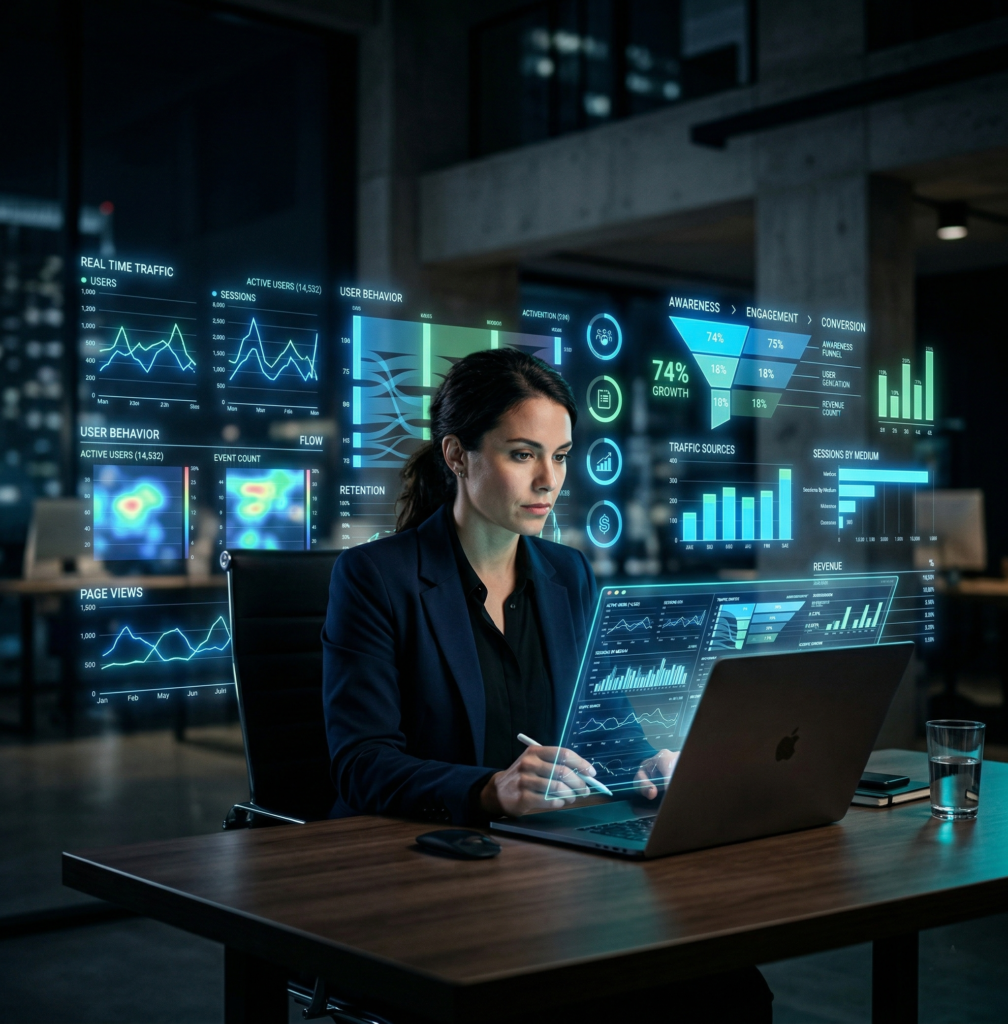 Une spécialiste du marketing digital très concentrée, travaillant sur un ordinateur portable dans un bureau sombre et moderne. Elle est entourée de tableaux de bord holographiques flottants et lumineux, aux tons bleu néon et vert, qui affichent des graphiques complexes de trafic web, des entonnoirs de conversion et des analyses de comportement utilisateur. L'ambiance visuelle est cinématographique, technologique et professionnelle.
