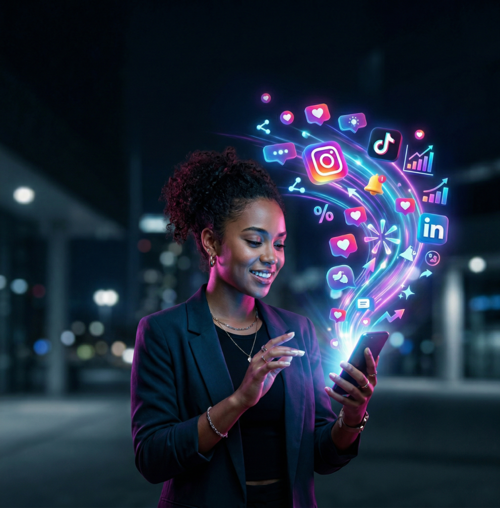 Une jeune professionnelle souriante tient un smartphone dans un environnement sombre, éclairée par des reflets néon bleus, violets et roses. De l'écran de son téléphone jaillissent de nombreuses icônes de réseaux sociaux lumineuses en 3D (cœurs, bulles de discussion, graphiques de croissance) créant un effet de mouvement dynamique vers le haut. La scène au style cinématique et futuriste illustre la viralité, l'engagement et le succès numérique dans le marketing digital.