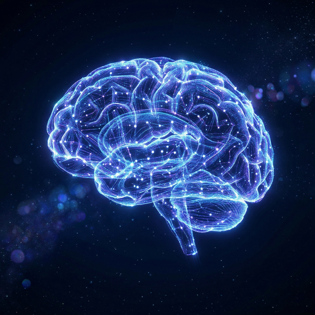 Une illustration 3D photoréaliste et futuriste d'un réseau de neurones artificiels prenant la forme d'un cerveau humain. Il est composé de nœuds lumineux et de flux de données interconnectés, parcourus par des impulsions électriques de couleur bleu électrique et violette. Ce cerveau cybernétique flotte au centre d'un fond bleu marine profond et sombre, offrant une esthétique cinématographique et ultra-détaillée.