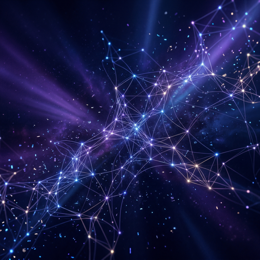 Illustration abstraite et minimaliste d'un réseau de neurones avec des nœuds interconnectés brillants et des particules de données flottant dans l'espace. Le fond est bleu marine et violet profond, illuminé par de subtils faisceaux de lumière bleu électrique et violette créant une atmosphère technologique élégante.
