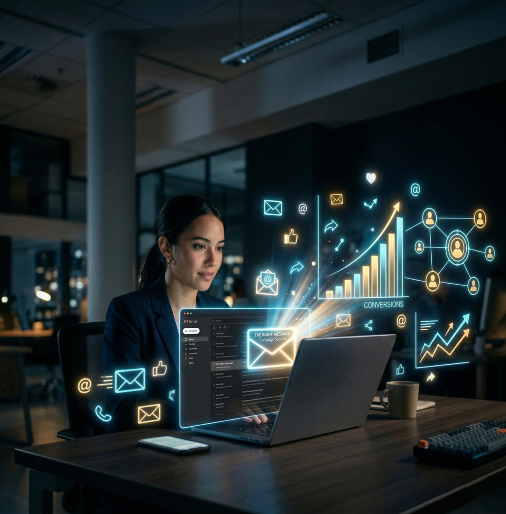Une femme d'affaires souriante travaille sur son ordinateur portable dans un bureau moderne faiblement éclairé. Des éléments holographiques lumineux émergent de l'écran, représentant le marketing digital : des icônes d'e-mails, des symboles "@", un réseau d'utilisateurs connecté, et des graphiques de croissance indiquant "CONVERSIONS". Au centre, une grande enveloppe d'e-mail brillante affiche le texte "THE RIGHT MESSAGE".