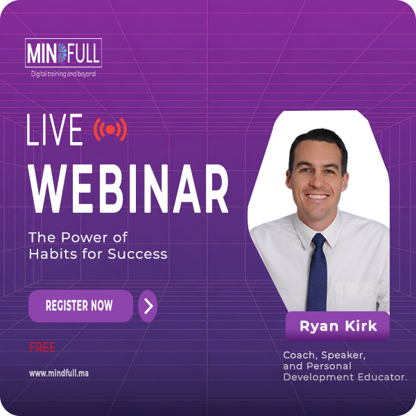 Promotional graphic for a free live webinar hosted by Mindfull titled "The Power of Habits for Success." The image has a purple background with a digital grid pattern. On the left is the text "LIVE WEBINAR" with a red broadcast icon, the webinar title, a purple "Register Now" button, the word "FREE" in red, and the website www.mindfull.ma. On the right is a portrait of a smiling man in a shirt and tie, identified as Ryan Kirk, Coach, Speaker, and Personal Development Educator. The Mindfull company logo is in the top left corner.