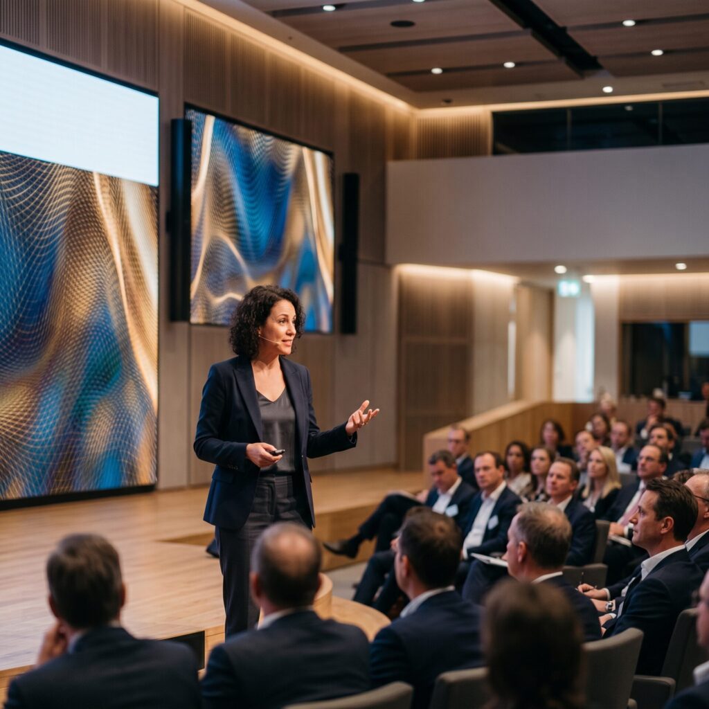 Une conférencière professionnelle s'exprime avec assurance sur la scène d'un auditorium moderne, face à un public attentif qui apparaît légèrement flouté au premier plan.